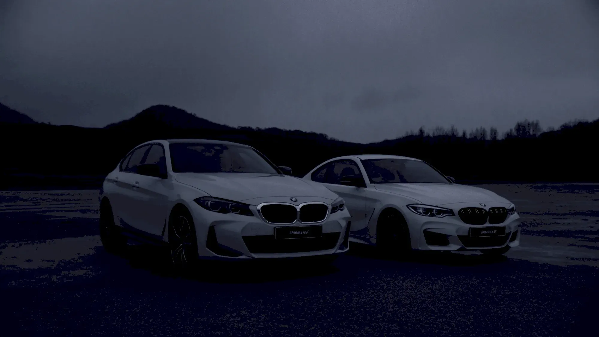 Zwei weiße BMW nebeneinander bei Dämmerung